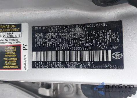2014 Toyota Camry Se z USA, uszkodzony, nr VIN 4T1BF1FK3EU359280